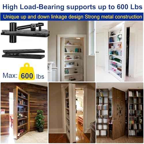 Hidden Pivot Hinge, 600LBS Load-Bearing,Thickened Solid Steel-Heavy Duty Hardware for Bookcase, Murphy Door Kit 360 Rotation Invisible Hinges for Secret Door£¬Bookcase, Shelf Doors