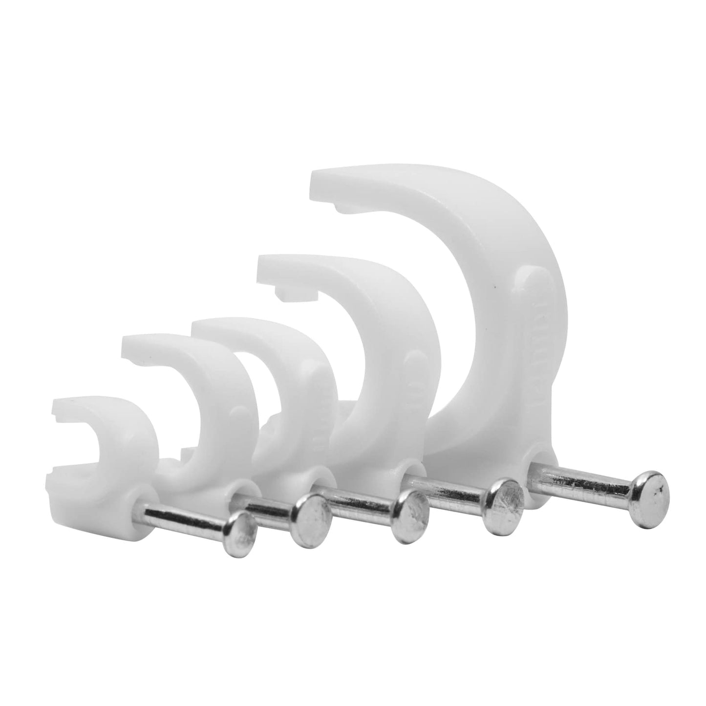 Juvale 500-Pack Round Cable Wire Clips for Wall Mounting, Extension Cord Holders, and Cable Management Staples in 5 Sizes for RJ45 Ethernet Connectors, Nails Included (4, 6, 8, 10 & 14mm, White)