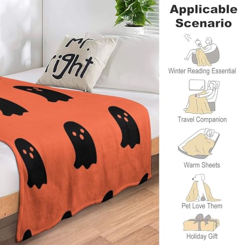 Soft Ghost Throw Blanket Warm Halloween Blanket Cozy Fluffy Lightweight Halloween Blanket for All Seasons Ghost Cute Blanket for Living Room Sofa Bed, 50"x60", Orange