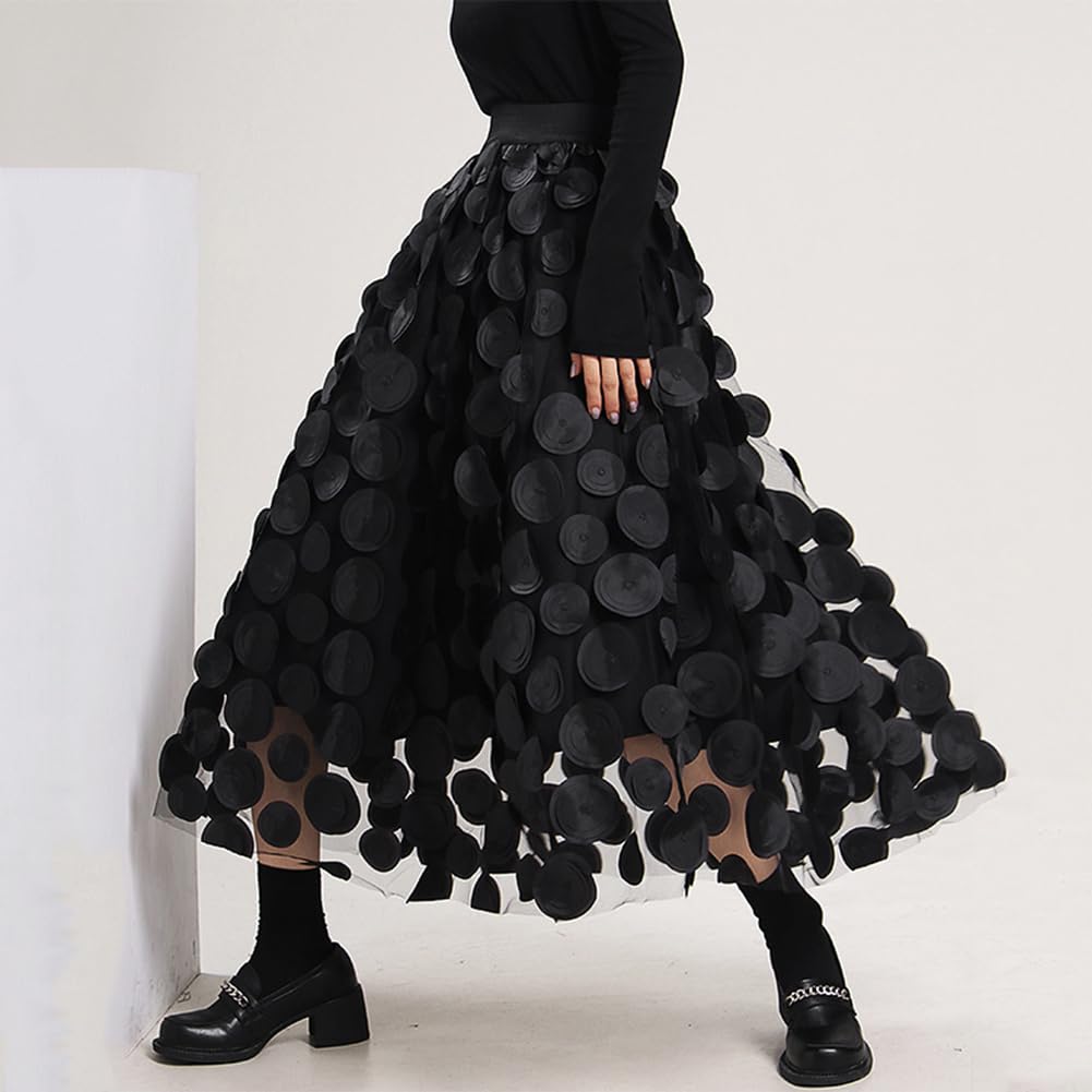 Tulle Skirt Women 3D Polka Dot Elastic Waist Mesh Flowy A-Line Midi Skirts Wedding Halloween Party Outfit (Black, One Size)