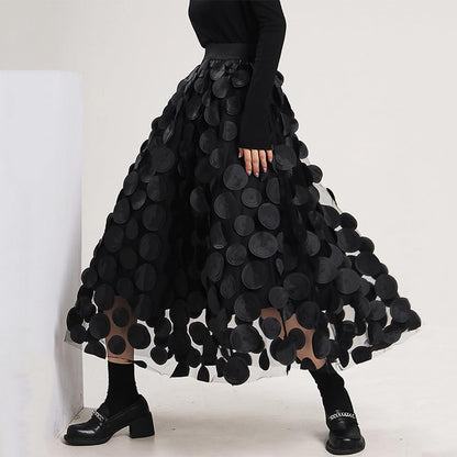 Tulle Skirt Women 3D Polka Dot Elastic Waist Mesh Flowy A-Line Midi Skirts Wedding Halloween Party Outfit (Black, One Size)
