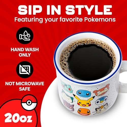 Silver Buffalo Pokemon Bulbasaur, Squirtle, Slowpoke, Snorlax, Pikachu, Piplup, Haunter, Charmander, and Meowth Camper Mug, 20 Ounces