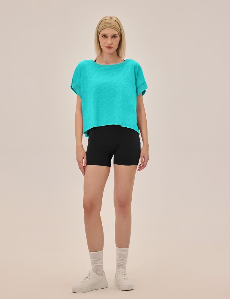 UNIANKIYA Open Back Workout Tops for Women Loose Fit Athletic Crop Tee Short Sleeve Gym Running Yoga Shirt Lake Green
