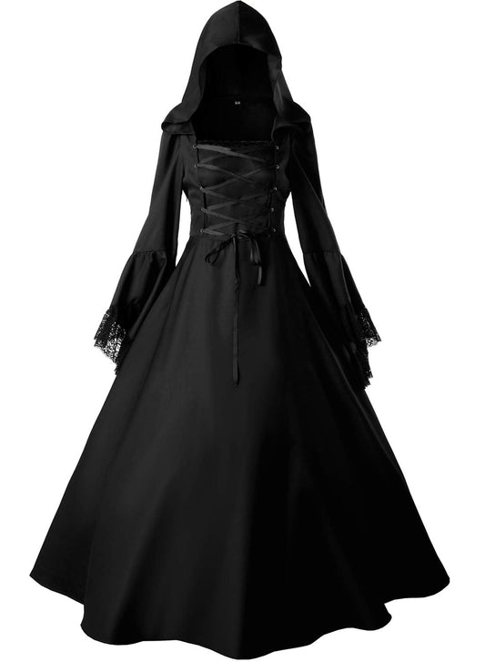 Jeufoin Women's Gothic Victorian Witch Vampire Dress Medieval Renaissance Halloween Cosplay Hooded Costume (xxx-large, black)
