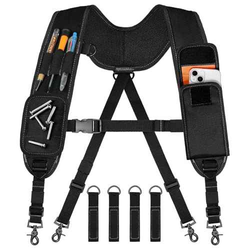 Tool Belt Suspenders, Tool Bag Suspenders, Work Belt Suspender with Magnetic Wristband and Loop Attachment, Padded Construction Suspender for Carpenter, Electrician, Framer, Black