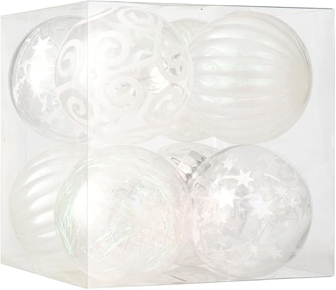 XmasExp 4ct Christmas Ball Ornaments Set -Large Clear Plastic Shatterproof Xmas Tree Ball Hanging Baubles Stuffed Delicate Glittering for Holiday Wedding Xmas Party Decoration (100mm/3.94",White)