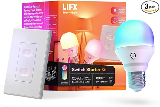 LIFX Starter Kit, (2) Smart Color 800 Lumen Bulbs, (1) Smart Switch (White) Compatible with Alexa and Google Home