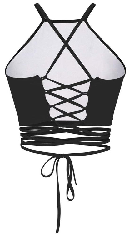 Sister Amy® Women's Halter Cross Hollow Boho Bandage Tank Camis Crop Top Vest B-Halloween Skull-1 One Size