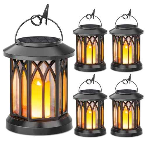 KOOPER 4 Pack Solar Lantern Outdoor Lights, Hanging Solar Lanterns Outdoor Waterproof, Lanterns Decorative Outdoor LED Flickering Flameless Candle Mission Lights for Yard Table Garden (Black)