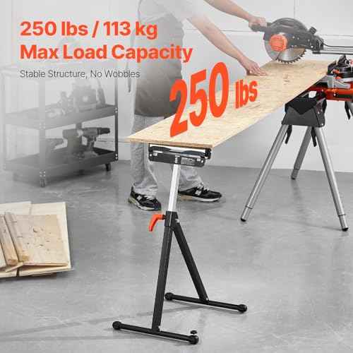 VEVOR 2-Pack Stands 250 lbs Load Capacity, 27-43 in Adjustable Height, Folding Heavy Duty with Polished Steel Roller Head & Edge Guides, for Table Saw Outfeed Woodworking Extension Support, Black