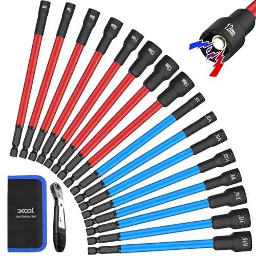 XOOL 16 PCS Long Magnetic Nut Driver Set, 6" Metric & SAE Nut Driver Bit Set for 1/4" Quick-Change Hex Shank, Impact Drill, with Mini Ratchet Wrench & Storage Bag