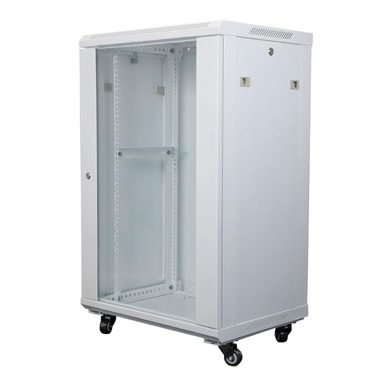 NavePoint 22U Network Cabinet with Glass Door – 22U Wall Mount Server Cabinet White 19” Rack for IT Equipment, AV Devices, Networking Equipment –23” Deep Server Rack Enclosure w/Wheels