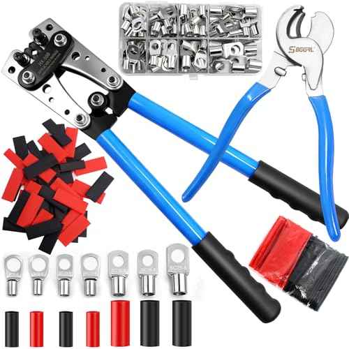 Battery Cable Lug Crimper Tool with Wire Shear Cutter Kit for 1/0,2,4,6,8,10 Awg Gauge Wire Lugs Crimping,80pcs Tinned Copper Ring Terminals and 100pcs Heat Shrink Tubing