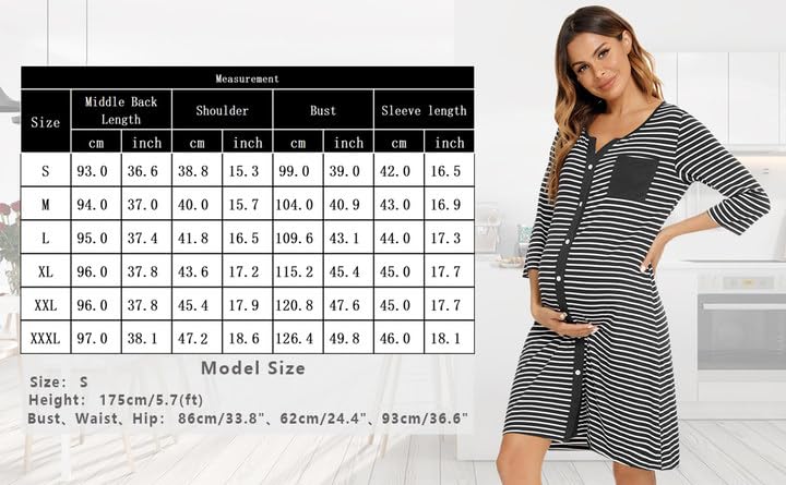 Marvmys Maternity Nightdress For Hospital Breastfeeding Nightwear 3/4 Length Sleeves Nursing Nightgown Button Down Sleep Shirt V Neck Pajama Soft Loungwear For Pregnant Women A-Green M