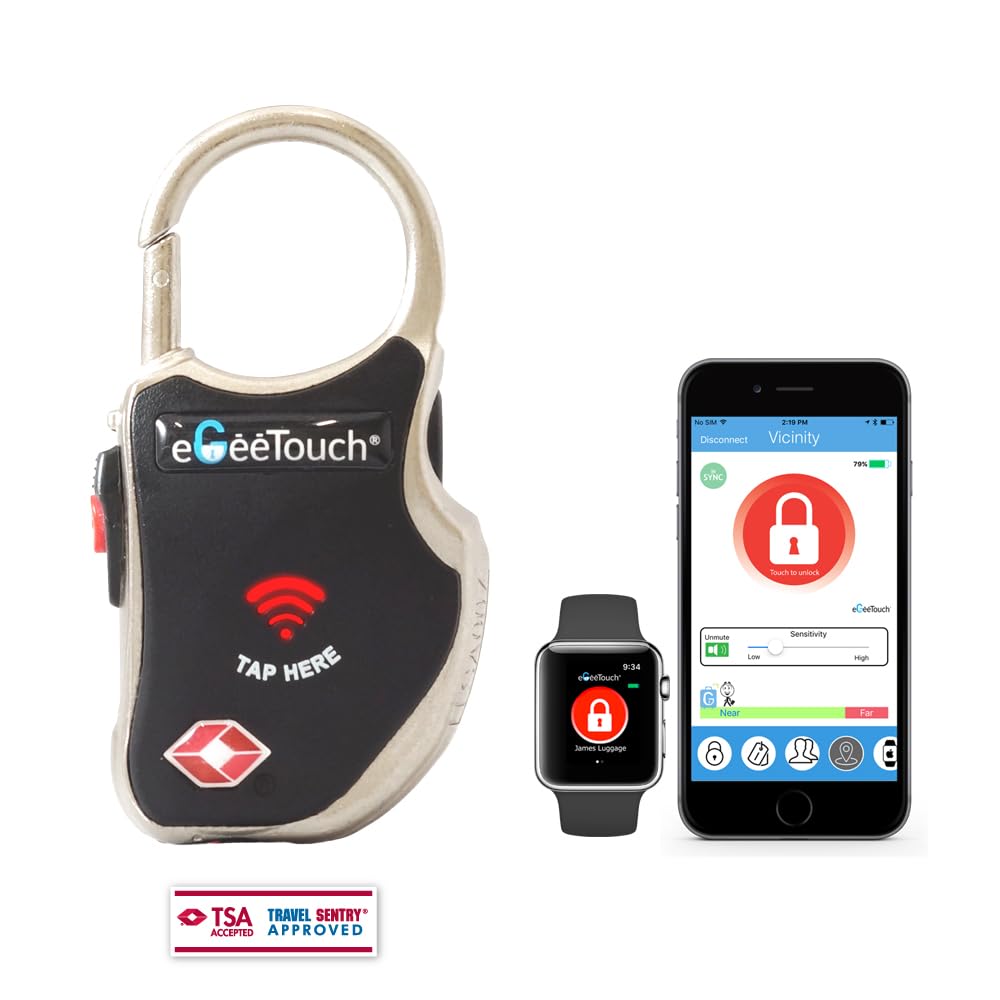 eGeeTouch Smart Travel Padlock with Patented Dual Access Technologies (NFC + BT), Vicinity Tracking, etc. (BLACK)