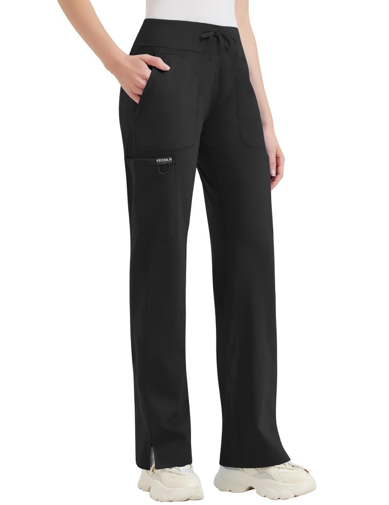 Kecols Women Yoga Scrub Pants Straight Mid Rise Elastic Waist Cargo Work Pants with Five Pocket 4-Way Stretch Black