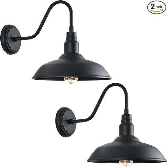 14 Inch Outdoor Gooseneck Light Fixture for Porch, 2 Pack Large Exterior Barn Lights for Farmhouse, Black Outside Wall Sconce for Porch Patio Garage