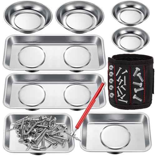 10 Pcs Magnetic Trays Set Includes 8 Round and Rectangular Magnet Tool Tray 1 Pair Black Magnetic Wristband and 1 Magnetic Pickup Tool for Parts Socket Screw Nut Bolt Mechanic and Automotive