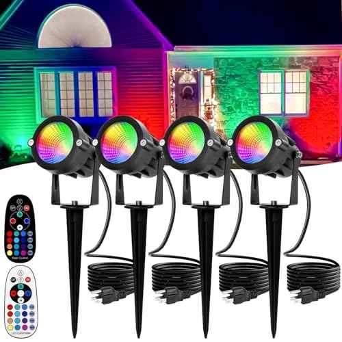 Christmas Spotlights Outdoor: RGBW LED Spot Light Plug in 120V Remote Control 16 Color Changing Landscape Spotlights for Yard Outside House Garden Lawn Path Tree Holiday D?cor, 4 Pack (RGB+Warm White)