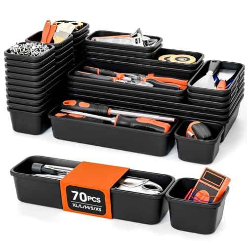 [5-Sizes] 70 Pack Tool Box Organizer Tray, Large 12'' Tools Box Organizers and Storage, for Hammer, Wrench, Screw, Small Parts Toolbox Organization, Tool Cart Chest Garage Drawer Organizer Tray, Black
