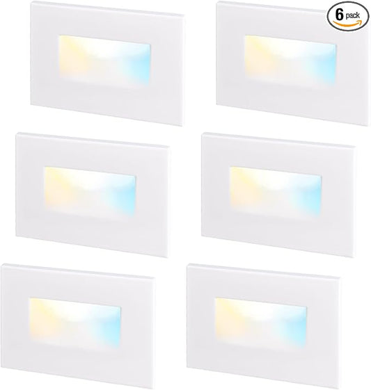 LEONLITE White 5CCT 120V LED Step Lights, 3.5W 150LM 5%-100% Dimmable Horizontal Stair Lights Indoor Outdoor Wet Location, CRI90+ & ETL, 2700K/3000K/3500K/4000K/5000K, Aluminum, Pack of 6