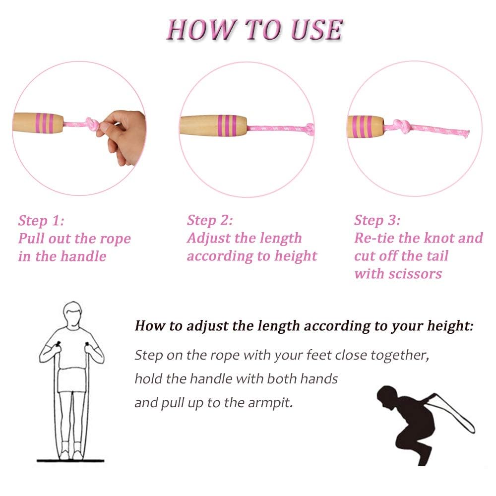 2 Pcs Jumping Rope for Kids, Lorvain Adjustable Skipping Ropes with Wooden Handle Cotton Braided for Boys Girls Jumping Ropes, for Children Students Outdoor Exercise (Blue+Pink)