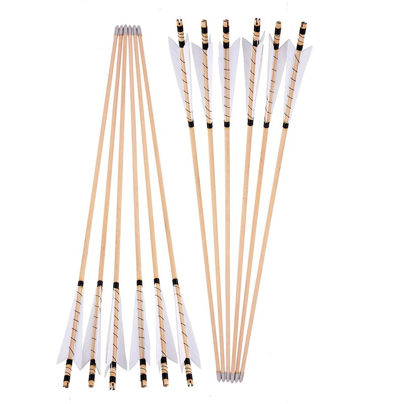 ZSHJGJR 32" Traditional Wooden Arrows Archery Hunting Arrows Wooden Arrow Shaft Arrows Practice Targeting with Turkey Feathers Fletching for Traditional Recurve Bow Longbow 6/12pcs (White, 12)