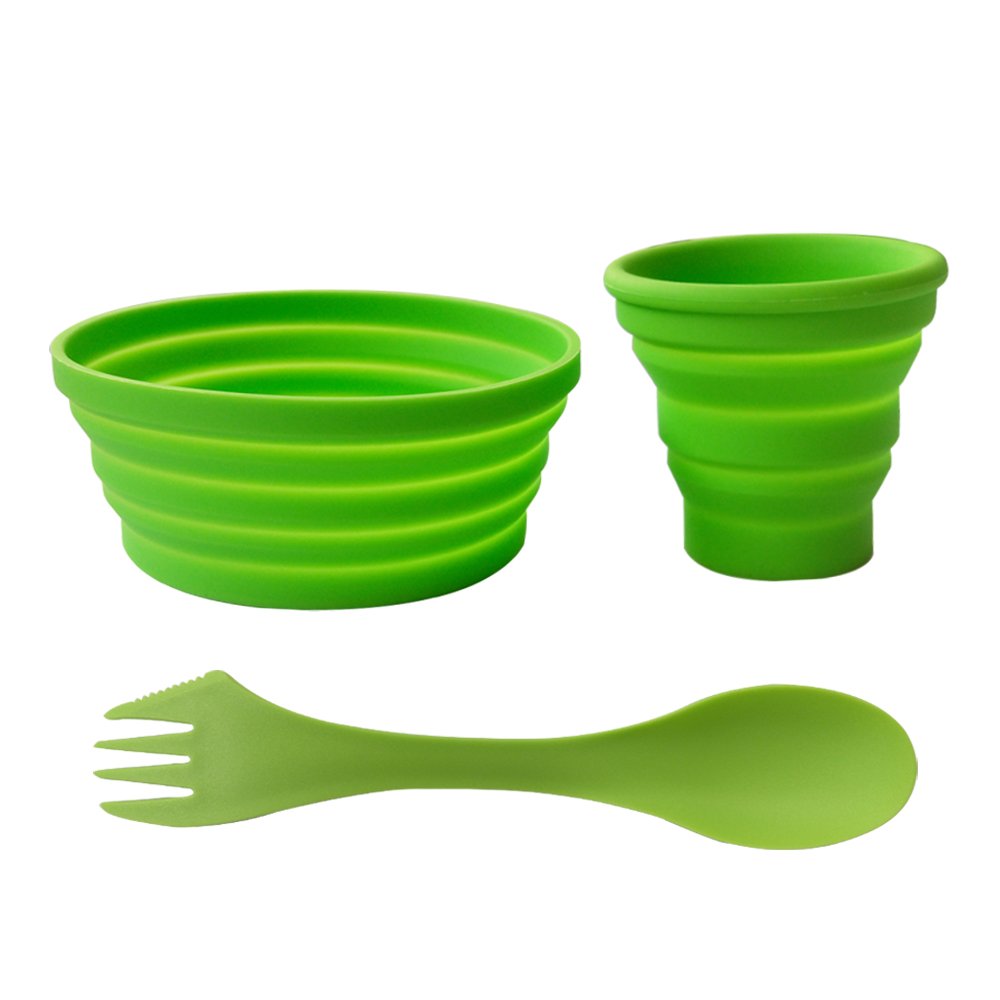 Ecoart Silicone Collapsible Bowl Cup Set with Spork for Outdoor Camping Hiking Travel - Set of 3