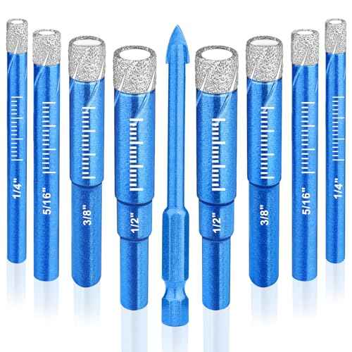 9 Piece Dry Diamond Drill Bits Set, Tile Drill Bits for Glass, Granite, Ceramic, Tile, Quartz Stone, Sizes 1/4" 5/16" 3/8" 1/2", Built-in Solid Cooling Wax, Fast Dry Drilling, Round Shank