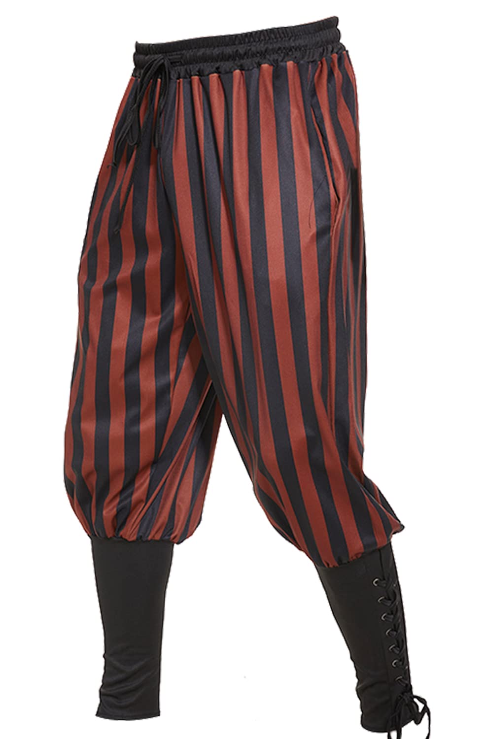 Mens Vintage Striped Pirate Pants Costume, Halloween Medieval Ankle Banded Pants, Renaissance Gothic Viking Navigator Trousers (L,Black-Brown)