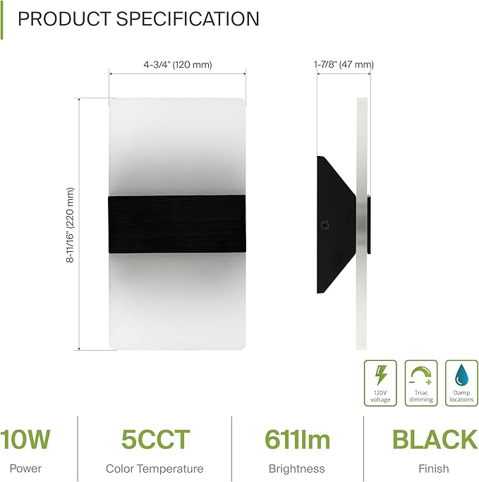 ASD 8 Inch LED Indoor Wall Sconce - Modern Interior 10W 120V 2700K-5000K Adjustable Dimmable Wall Mounted Light Fixtures, Acrylic Glass Wall Lights for Stairway, Hallway - ETL, Matte Black 2 Pack