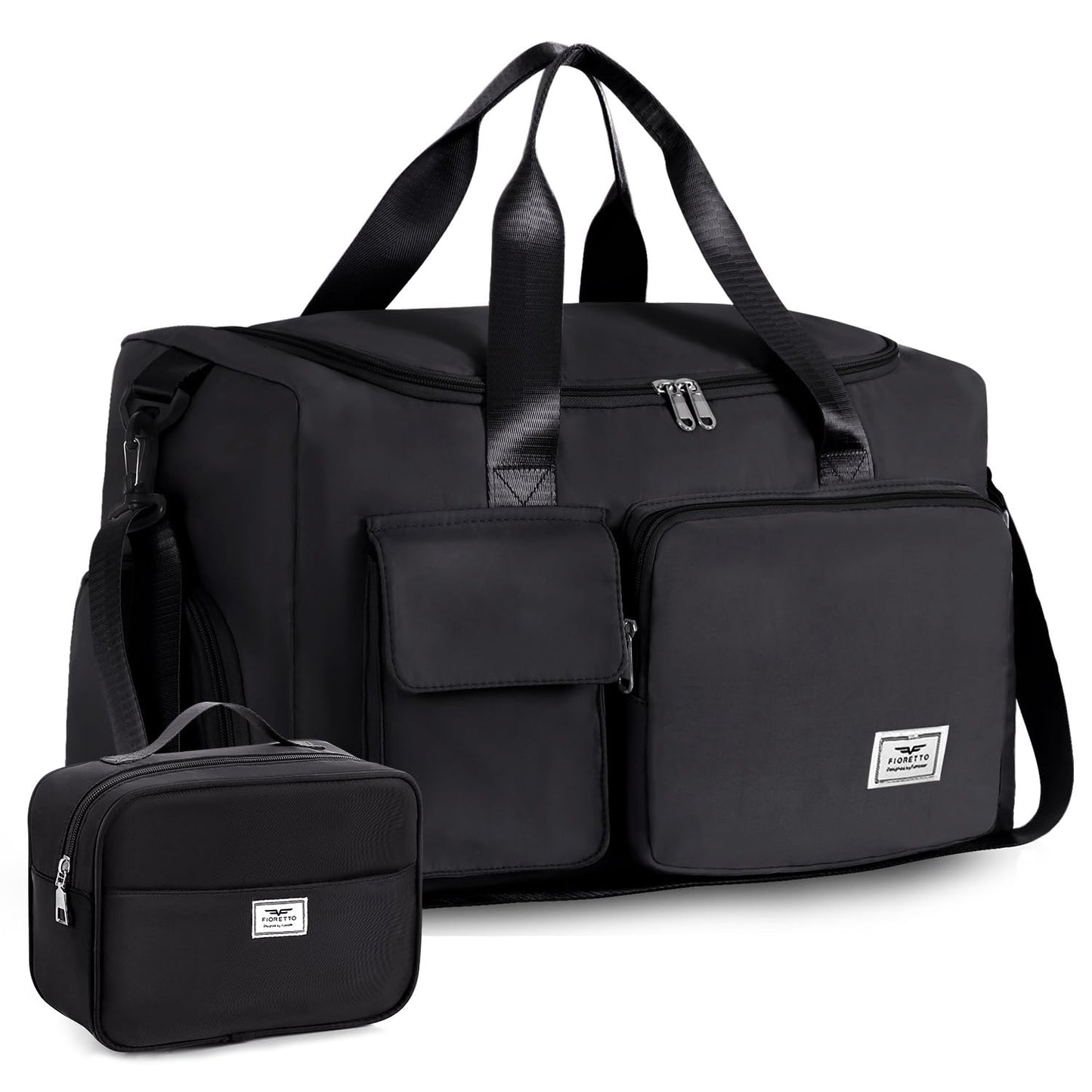 FIORETTO Womens Mens Sports Gym Bag Duffle Bag with Shoes Compartment, Weekend Travel Bag Overnight Bag for Women, Foldable Water Resistant Holdall Hospital for Swimming with Toiletry Bag Black