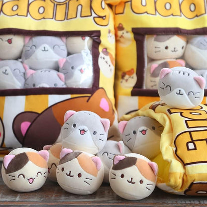 HXPLN Cute Snack Pillow Cat Plush Pillow, Pudding Cat Pillow with Kitty Dolls, Removable Stuffed Animal Toys Creative Gift for Teenagers, Girls, Children (8 Yellow Kittens)