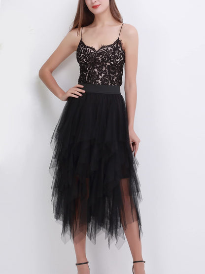Reaowazo Tulle Skirts for Women Midi Long Fairy Skirt Tutu A-Line Mesh Layered High Elastic Waist Halloween Skirts Black One Size