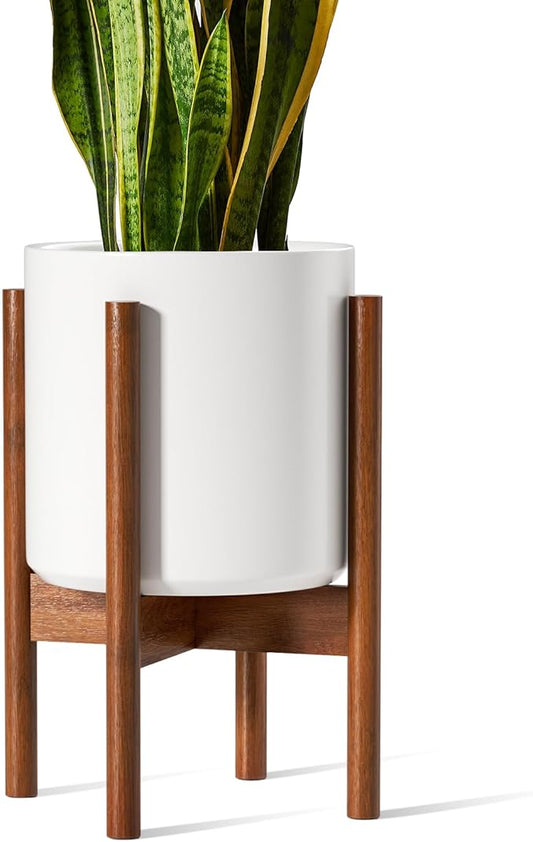 LE TAUCI 10 Inch Planter with Acacia Wood Stand, Ceramic Planter for Indoor Plants with Plant Holder, Mid-Century Modern Home Decor, Round Flower Pots with Drainage Hole, White