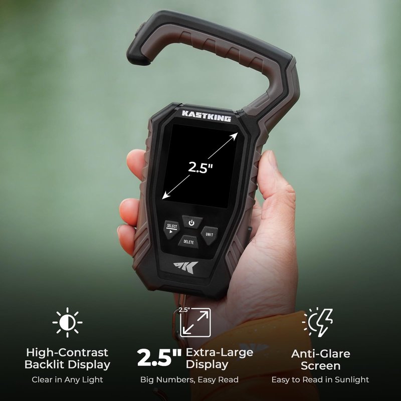 KastKing Weighmaster Mechanical-Digital Fishing Scale with Lip Gripper, 120 lb Capacity, 2.5" Backlit Display, High-Precision Sensor, 9 Weight Memory, Temperature Detection, IPX6 Waterproof