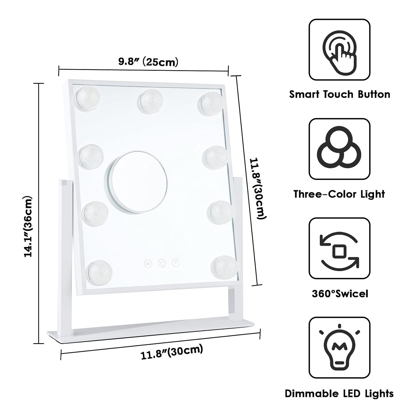Lighted Makeup Mirror Hollywood Mirror Vanity Mirror with Lights, Touch Control Design 3 Colors Dimable LED Bulbs, Detachable 10X Magnification, 360°Rotation, (White) 12" L x 14" W