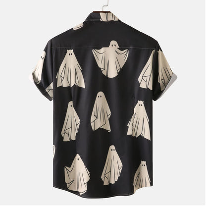 Size M Black Ghost Ghost Halloween Shirt Men Fun Pumpkins Skull Short Sleeve Button Down Hawaiian Holiday Shirts