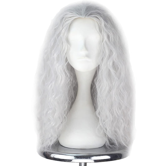 iCos Old Lady Wig - Long Curly Fluffy Dirty Silver Grey Witch Hair Wig for Grandma, Halloween Costume, Movie Cosplay, Punk Style - Adult Men & Women