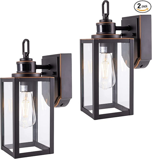 GRUENLICH Dusk to Dawn Outdoor Wall Lantern, PIR Motion Sensor Wall Sconce, E26 Base Max 60W, Metal Housing Plus Glass, Bulb Not Included, 2-Pack