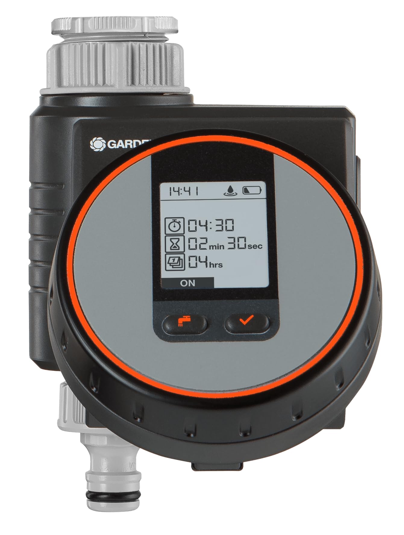 GARDENA Flex irrigation controller for quick automatic irrigation for the terrace and balcony, easy to use, Water Now function, Color Black/Grey/Orange 1890-20