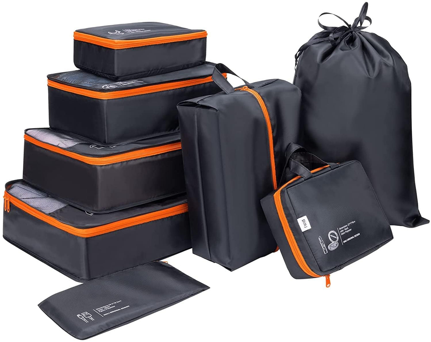 DIMJ Packing Cubes 8 Sets Travel Luggage Organizers for Suitcases Packing Organiser with Label Shoe Storage Bags Laundry Bag, Black