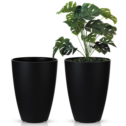 RimCereal 2 Pack 14 Inch Tall Planters for Outdoor Indoor Plants, Black Round Resin Plant Flower Pots with Drainage Hole for Front Porch Patio Garden Deck Living Room Decor