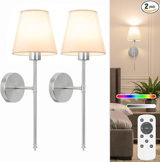 NIORSUN 19.9 inch Battery Operated Wall Sconce Set of 2,Brushed Nickel Rechargeable Wall Lights with 5200mAh Dimmable Detachable Bulbs and Remote,10 Colors Wireless Sconces for Bedroom Living Room