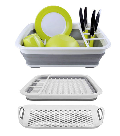 Ahyuan Collapsible Dish Drying Rack Portable Dinnerware Drainer Organizer for Kitchen RV Campers Travel Trailers Space Saving Kitchen Storage Rack Tray (with Drainboard)