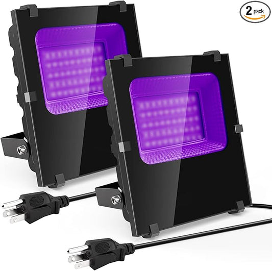 600W Black Lights Outdoor, Commercial Black Light Flood Lights High Power 395nm UV Blacklight Floodlight Plug in Large BlackLights Waterproof IP66 for Glow Party Large Space Halloween (2 Pack)