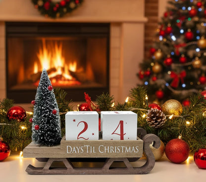HOMirable Christmas Countdown Blocks Santa Sleigh Advent Calendar 99 Days Christmas Tree Decorations Wooden Farmhouse Rustic Sign Xmas Party Holiday Décor for Home Living Room, Mantel, Tiered Tray