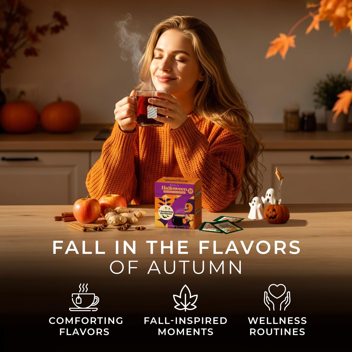 Gya Tea Co Halloween Tea Collection Autumn Tea Variety Pack, Caffeinated & Caffeine Free Holiday Gift Sampler Blends - 7 Flavors, 20 Bags Total - Easy Brew, Natural Quality Ingredients