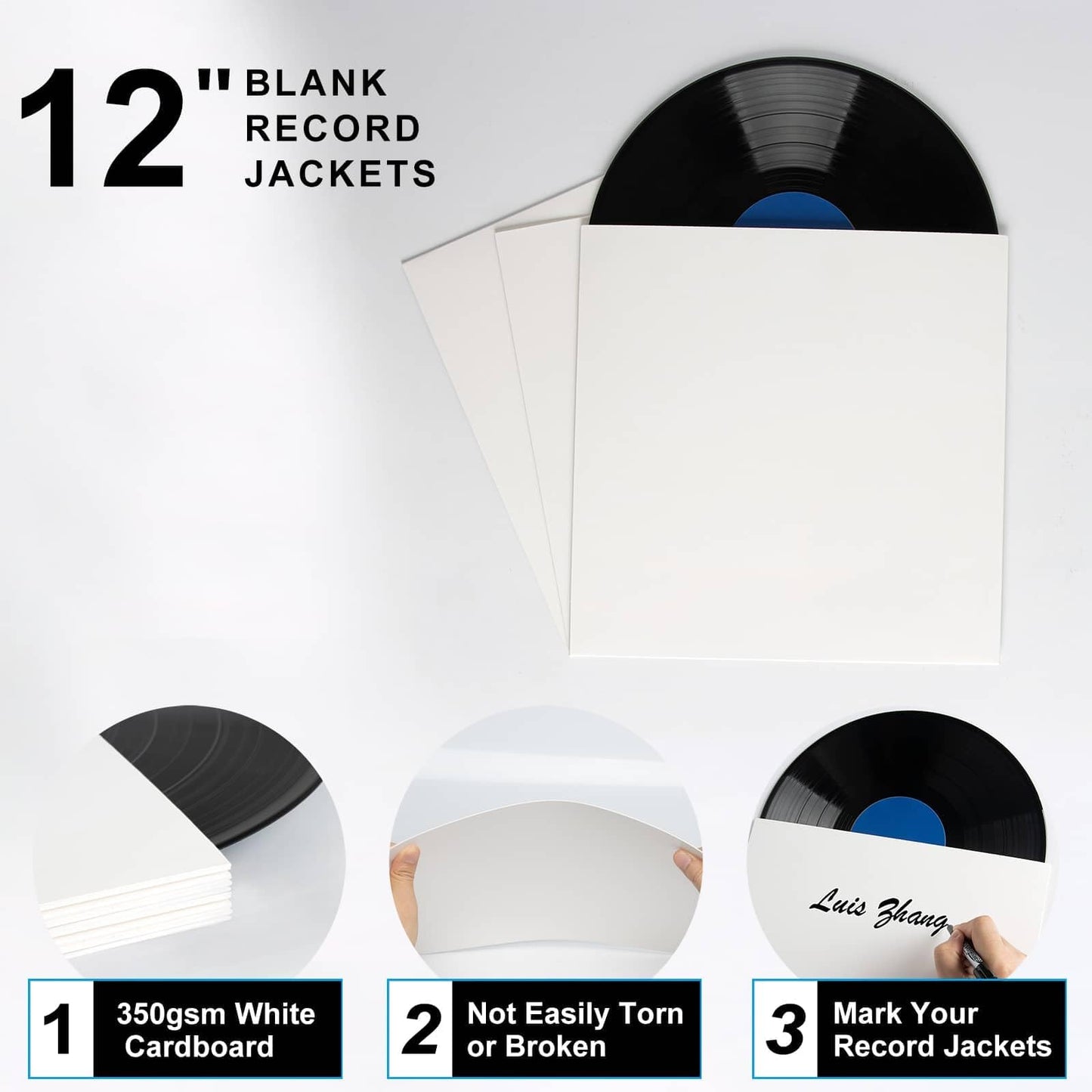 20ct 12-Inch LP Vinyl Record Jackets - 350gsm White Cardboard Covers, Blank Album for Outer Sleeves, No Center Hole, for CD Collection
