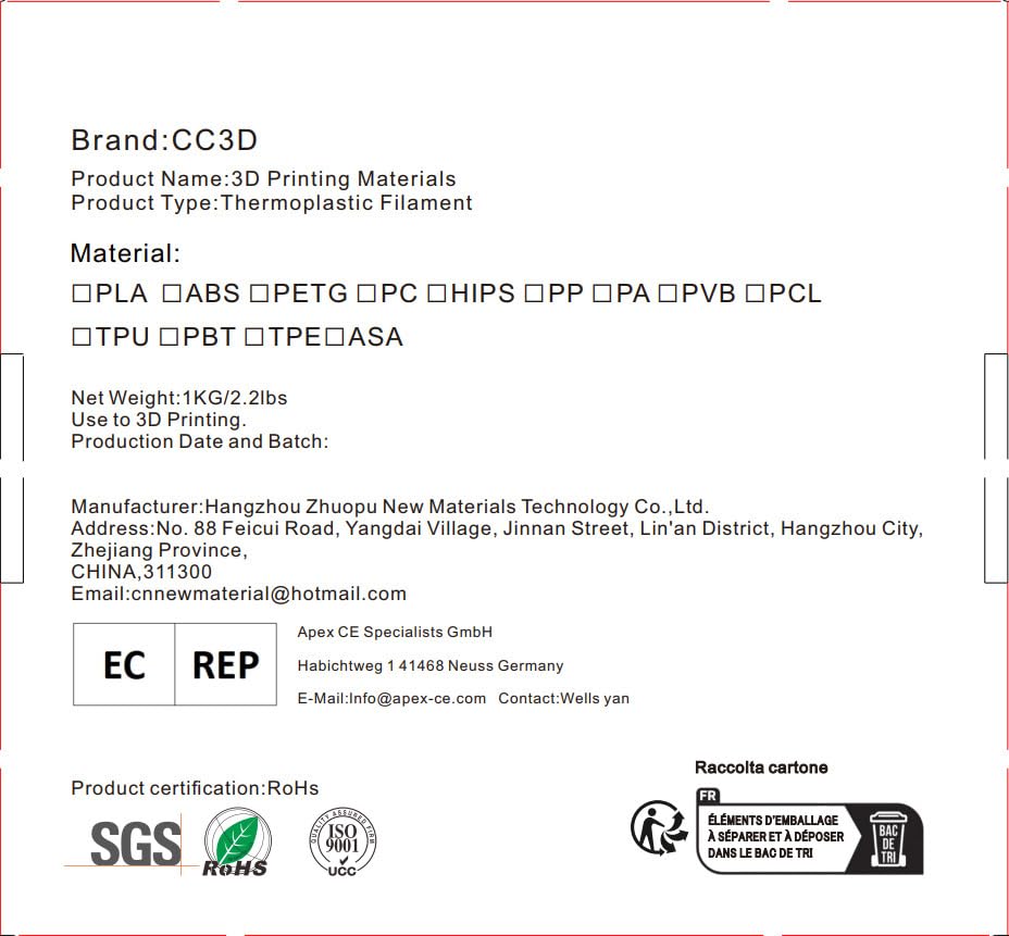 CC3D Marble PLA Filament 1.75mm 3D Printing Filament 1KG 2.2LBS 3D Printer Material Sparkly Stone Rock Filament PLA